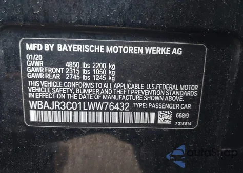 2020 BMW 530I from USA, damaged, VIN WBAJR3C01LWW76432